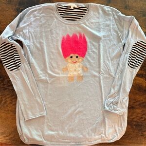 Lisa Todd Women’s Medium Troll Graphic Long Sleeve Shirt - Light Blue & Pink